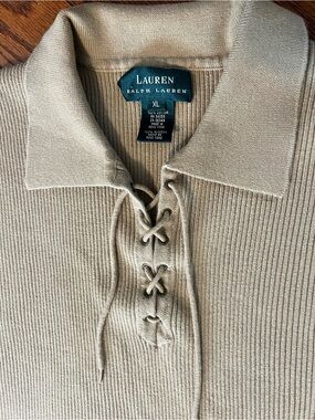 VTG Lauren Ralph Lauren Tan Ribbed Lace Up Sweater Sz XL